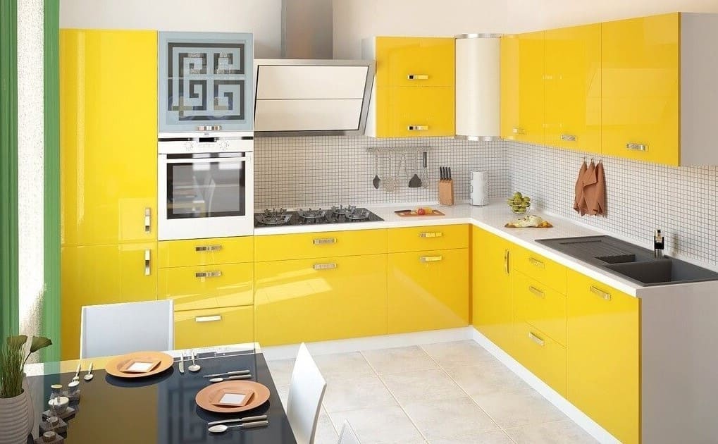 желтая глянцевая кухня